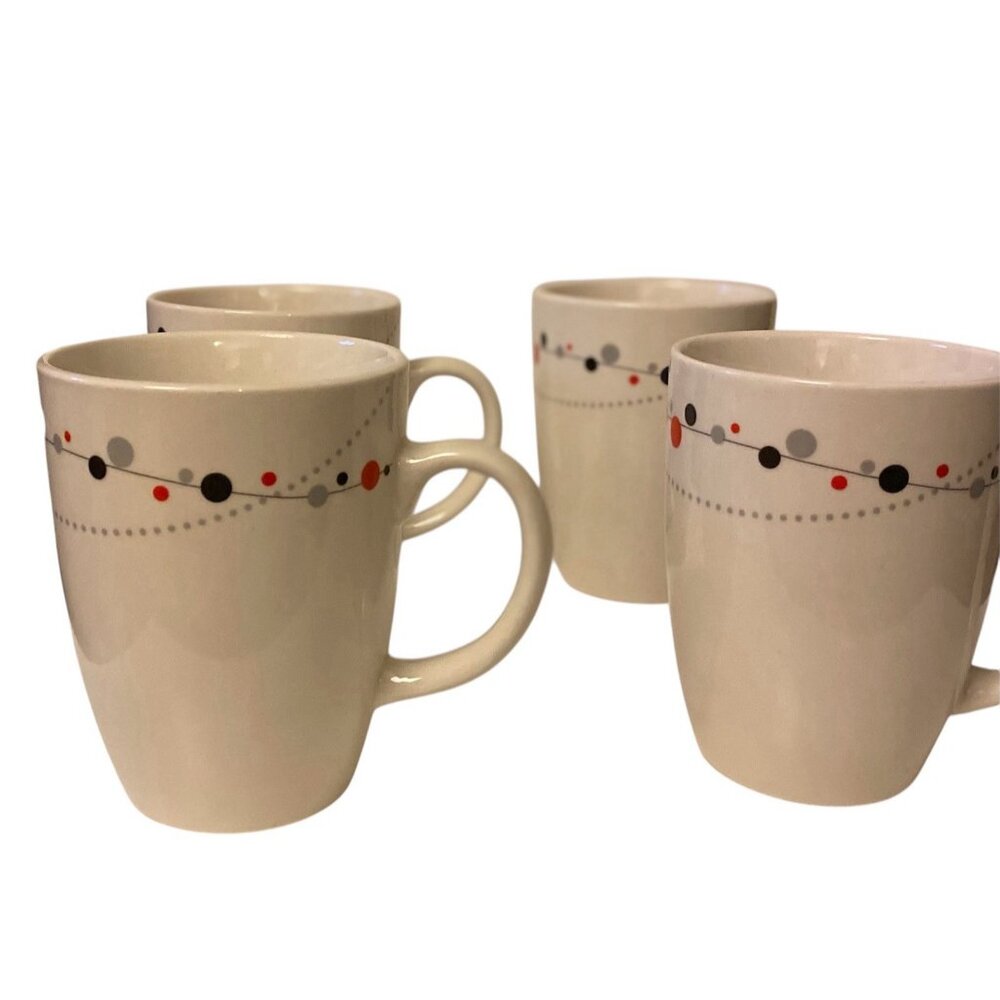 Thomson Pottery Zen Gray, Black & Red Dots Set of 4 Coffee Mugs Tea Discontinued